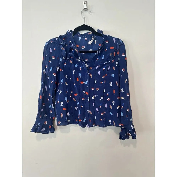 ALICE AND OLIVIA Ice Cream print Ruffle Blouse 100% Silk Size XS 1354 - Picture 5 of 13